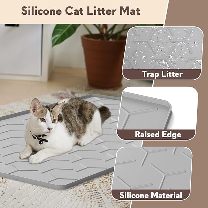 Garoopion Cat Mat for Litter Box, Large 34.05×22.5 inch Cat Litter Mat, Waterproof Silicone Pad for Floor, Gray