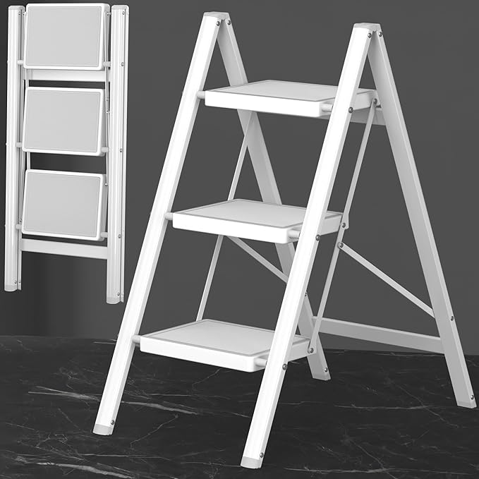 DIAMONDFORGE 3 Step Ladder, Folding Step Stool with Anti-Slip Wide Pedal, Anti-Slip Feet, Sturdiest Steel Construction, 330lbs Capacity Steel Ladder for Home and Office, White