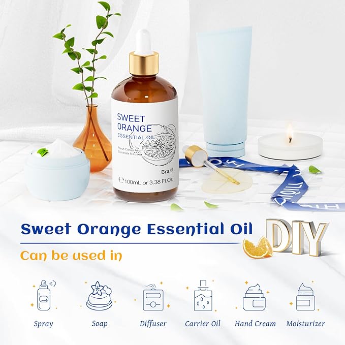 HIQILI 100ML Orange Essential Oil for Air Freshener, DIY Soap, Skin Care, Can be Added to Diffusers, Dryer Balls, Lotions for Use - 3.38 Fl Oz | Aromatherapy for Diffusers & Air Freshening, Skin Care, DIY for Cleaning Spray, Hand Soap, Candle & Soap