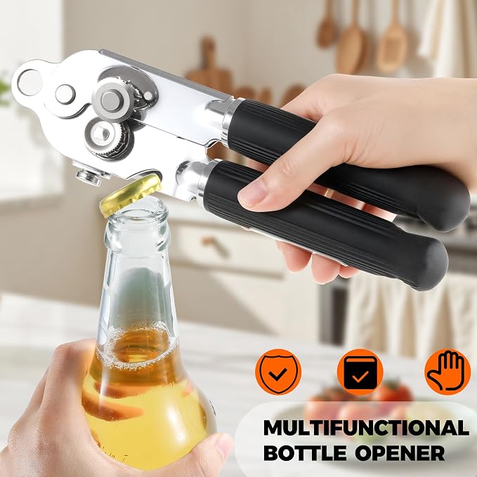 Can Opener Manual Heavy Duty Stainless Steel Smooth Edge with Magnet Large Effort Saving Knob Soft Grip Handle for Arthritis Elderly with Bottle Opener Kitchen Tool Black