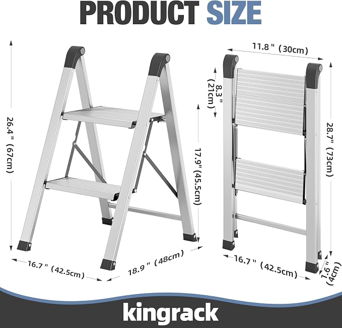 KINGRACK Aluminum Step Ladder, 2 Step Ladder Folding Design, Step Stool Foldable with Safe Grip, Non-Slip Handrails, Safety Lock, Heavy Duty 330LBS for Home, Kitchen, Garage, RV, Sliver