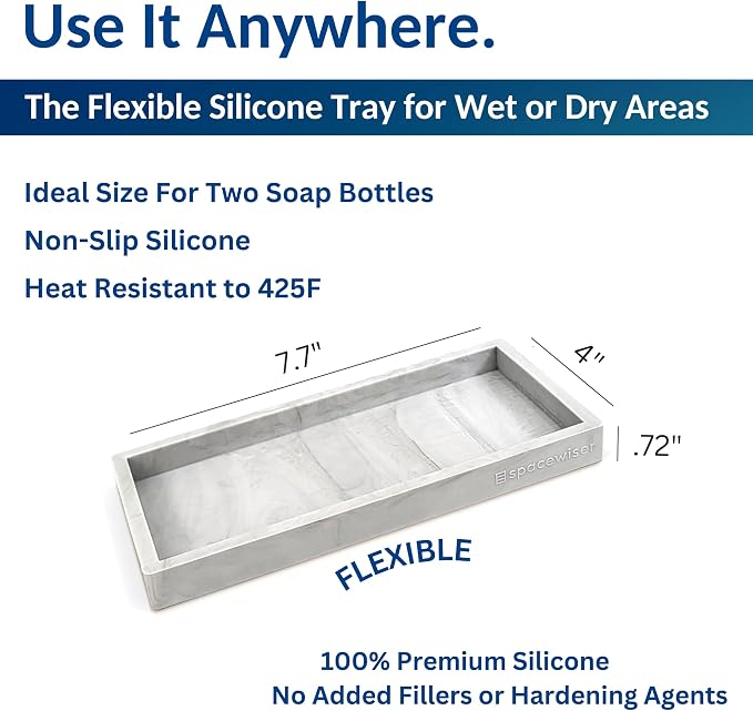 Spacewiser Countertop and Vanity Tray - Small 7.7” Silicone Tray for Soap Dispenser Bottles, Sponge Holder for Kitchen Sink Caddy Organizer, Bathroom Trays, Dish Soap Holder for Kitchen Counter, Keys