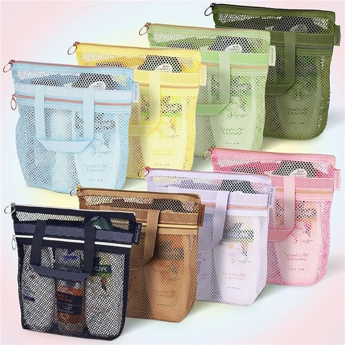 DV Lifestyle Mesh Shower Bag 10.2x9.9'' Quick-Dry Caddy with Zipper & 2 Pockets. Portable Toiletry Tote for Bathroom, Gym, Travel, Camp, Beach, for Sunscreen, Dorm & College Essentials (Light Gray)