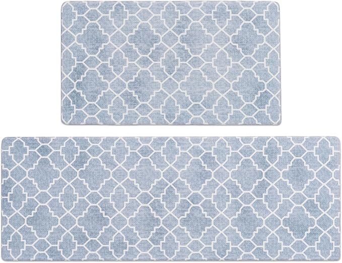 FRESHMINT Kitchen Mat Set of 2, Anti-Fatigue Cushioned Kitchen Mats for Floor, Waterproof Non Slip Comfort Standing Mat, Boho Kitchen Rug for Kitchen Decor, Sink, Office, 17"x30"+17"x47", Lake Blue