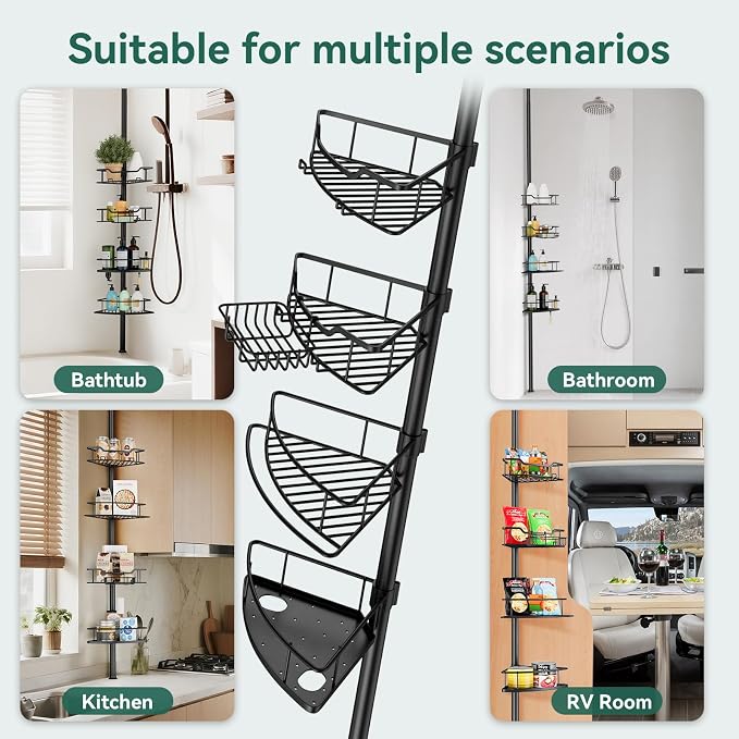 Corner Shower Caddy Tension Pole, 4 Tier Rustproof Shower Tension Rod Organizer, Adjustable 25-125 Inch Bathroom Shower Organizer Shelves for Bathtub Shampoo Storage, Black
