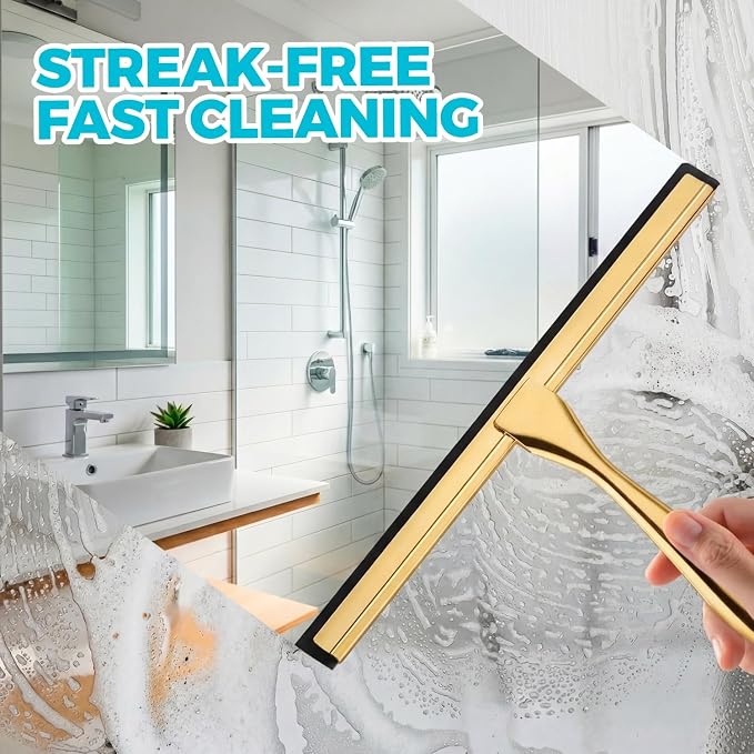 ALFLOD 2PACK 10-Inch Golden All-Purpose Shower Squeegee for Shower Doors, Bath Linen Sets, Tile Shower Walls, Bathroom, Window, Glass and Car Windshield, Mirrors and Kitchen-Stainless Steel