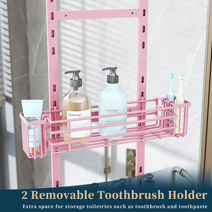 Consumest Over The Door Shower Caddy - 5 Tier Adjustable Shower Organizer Hanging with 2 Toothbrush Holders & 4 Hooks, Rustproof Organizer Shelf, Storage Rack for Bathroom, Pink