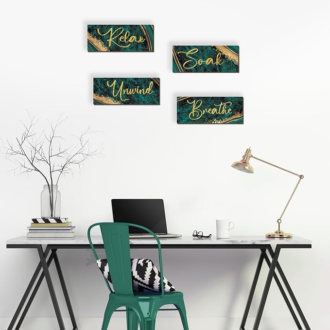 ONIZHITY 4 Pcs Large Green and Gold Bathroom Decor - Relax Soak Unwind Breathe Wood Rustic Marble Bathroom Accessories for Bedroom, Living Room, Office, Kitchen (Green Gold 14X5.5)