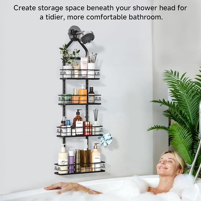 Shower Caddy Hanging Rustproof, 4 Tier Adjustable Hanging Shower Caddy Over Showerhead, No Drilling Handing Shower Racks for Bathroom Shampoo Soap Storage