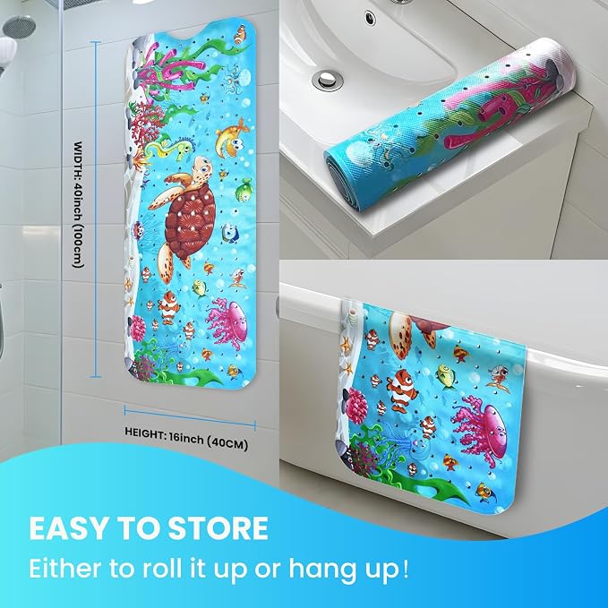 Baby Bath Tub Mat, 40 x 16 Inch Extra Large Non Slip Kids Cartoon Bathtub Shower Mats with Suction Cups & Drain Holes, Machine Washable for Bathroom, Undersea Sea Turtle