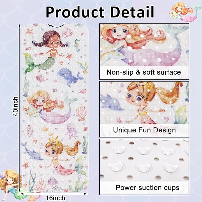 Topotdor Baby Bath Mat, Cartoon Bath Mat for Tub Non Slip Kids, 40x16 Inch Extra Long Toddler Bathtub Mat with Drain Holes & Suction Cups, Machine Washable Anti-Slip Shower Mat, Mermaid