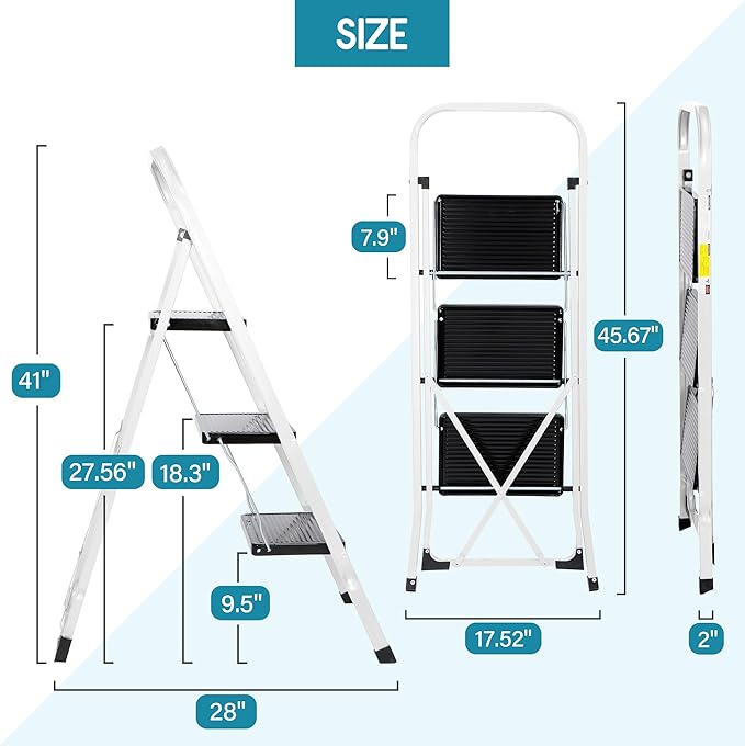 ZENY 3 Step Ladder Folding Step Stool with Wide Anti-Slip Pedal, Convenient Handgrip, Portable Steel Step Stool, 300 lbs Sturdy Steel Ladder for Household and Office, White