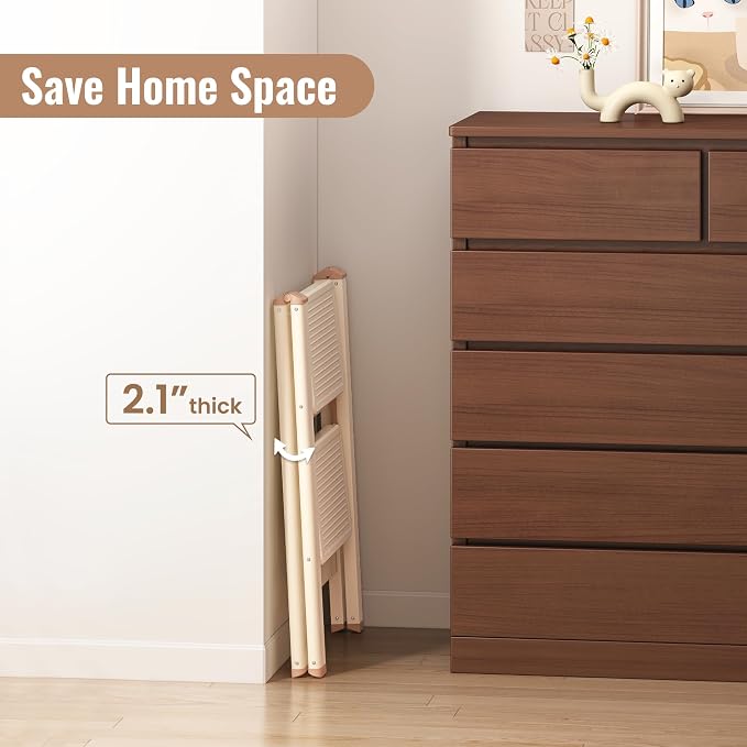 2 Step Ladder, 2 Step Stool for Adults, Folding Step Ladder with Secure Footing, Widened Pedal, Aesthetically Pleasing Looking, Blends Right into Domestic Rooms, Cream Chocolate
