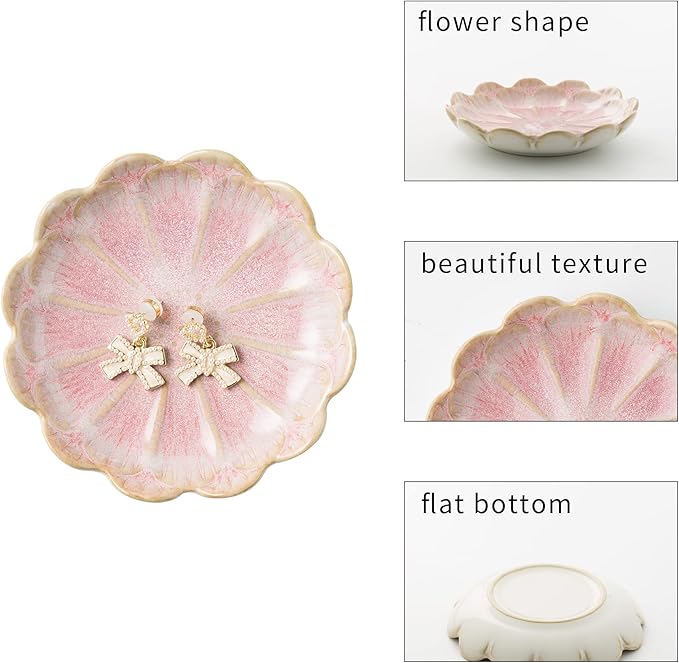 BEUNAIZER Jewelry Dish Tray, Ring Dish, Ceramic Trinket Tray, Key Bowl, Decorative Plate, for Friends Sisters Daughter Mother (Pink)