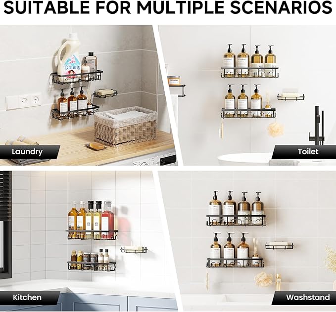 Shower Caddy, 3 Pack Shower Shelves for Inside Bathroom, Rustproof Adhesive Bathroom Organizer with Soap Holder, No Drilling Washroom Organizers and Storage for Bathtub Room/Kitchen/Home, Black