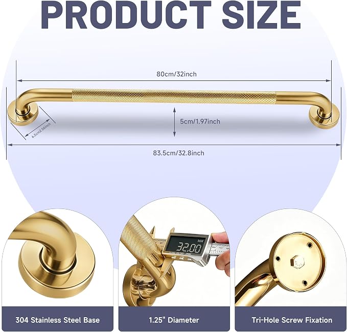 32 Inch Shower Grab Bar, Brushed Gold Anti Slip Safety Bars, 304 Stainless Steel Bathroom Handrail, Handicap Grab Bars for Wall, Shower Grip Handle for Seniors Elderly Injury Assist Bath (1.25" Dia)