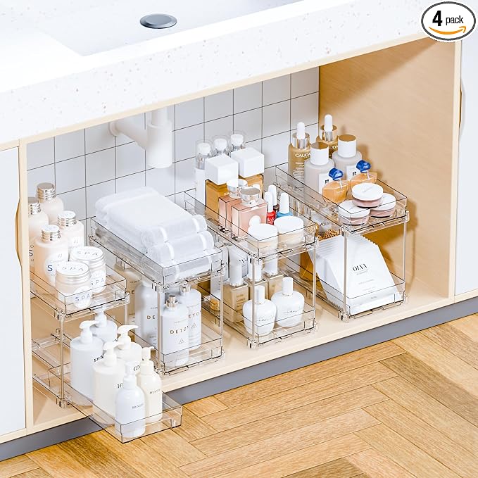 Yieach 4 Set Bathroom Organizers and Storage,2 Tier Clear Under Sink Organizer and Medicine Cabinet Organizer for Kitchen,Pantry Storage,Pull Out Drawers for Skincare,Pill Bottle,Spice Organization