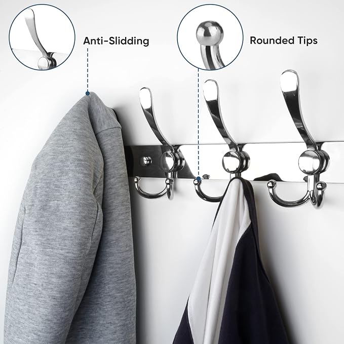TICONN Wall Mounted Coat Rack, Five Heavy Duty Tri Hooks All Metal Construction for Jacket Coat Hat in Mudroom Entryway (Chrome, 1-Pack)