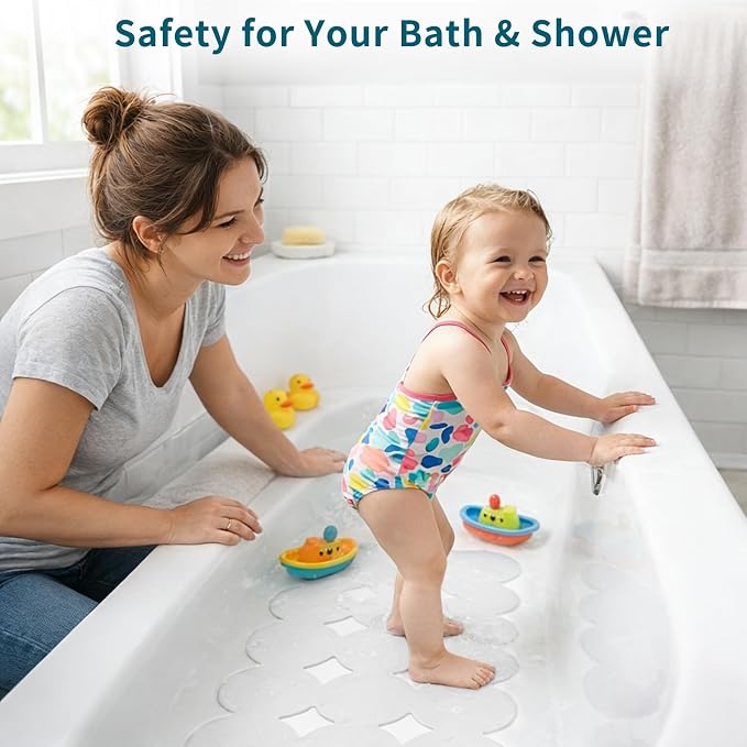 Webos Bathtub Mat Non Slip: Extra Long Rubber Bath Mat for Tub with Strong Suction Cups 15.4" x 37.8" Anti Slip Shower Mat, Big Drain Holes Bathroom Mats for Tub & Shower, Circle-White