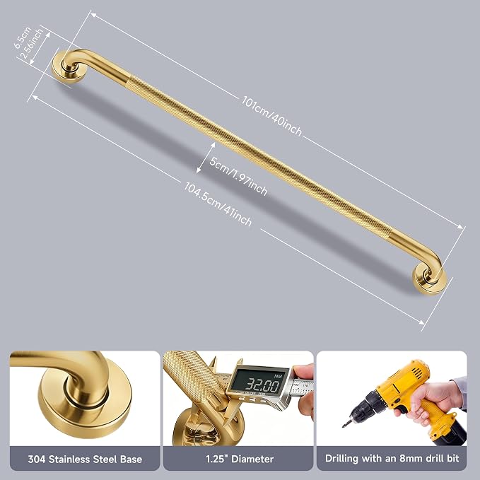 40 Inch Shower Grab Bar 1.25" Dia, 2 Pack Gold Anti Slip Bathroom Grab Bar, 304 Stainless Steel Knurled Handicap Grab Bars, Safety Support Handrail,Bath Shower Handle for Elderly Injury Senior