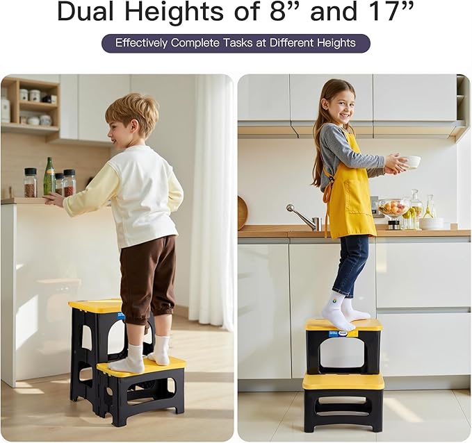 Korpai Folding 2 Step Stools,8" & 17" Dual Heights,Foldable Step Stool for Adults and Kids,Hold up to 250lbs,Collapsible Step Stool for Kitchen Bedroom Office Bathroom RV, Yellow