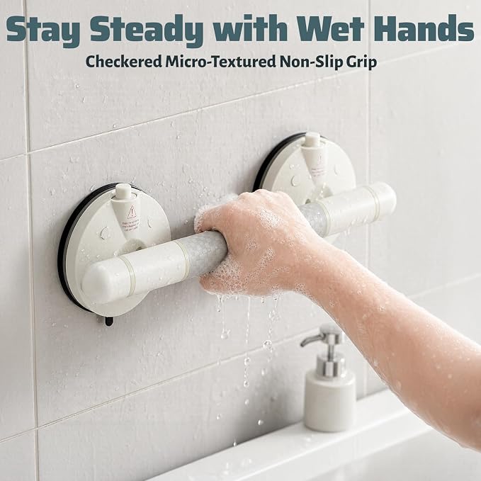 Suction Grab Bars for Showers and Bathtubs, Visible Red-Line Suction Indicator, Vacuum Pump Lock, Supports Up to 264 lbs, Non-Slip Grip, No-Drill & Removable, Ideal for Seniors, 18.31''/2-Pack