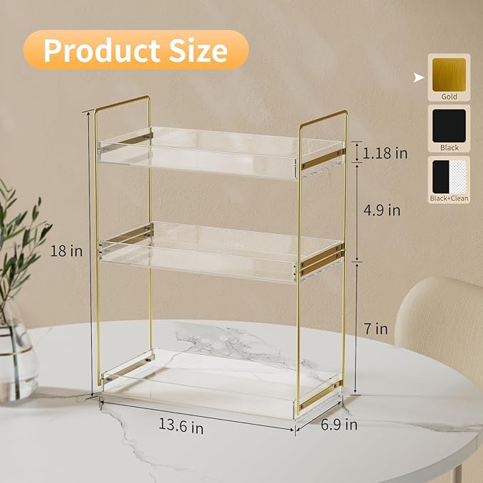 Bathroom Countertop Organizer, 3 Tier Acrylic Tray Vanity Counter Skincare Organizer Shelf, Kitchen Under Sink Standing Rack, Home Storage Holder for Lotion Makeup Cosmetics Perfume Spice, Gold | Vanity Counter