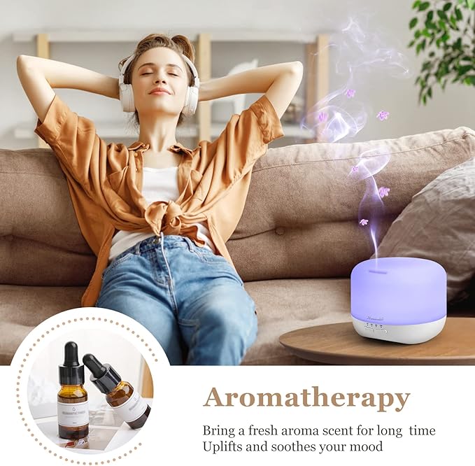 Aromatherapy Essential Oil Diffuser for Room: Air Humidifier Aroma Scent Cool Mist Colorful Lights Cute Small Large Auto Off Ultrasonic Diffusers for Home Bedroom White (300ml)