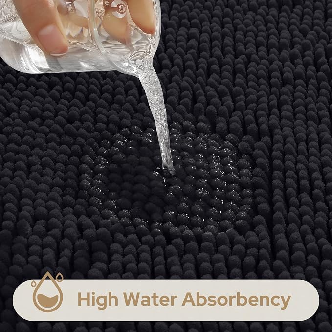 HOMEIDEAS 3 Pieces Bathroom Rugs, Extra Large Ultra Soft Non Slip Absorbent Chenille Toilet Bath Mat Set (Black)