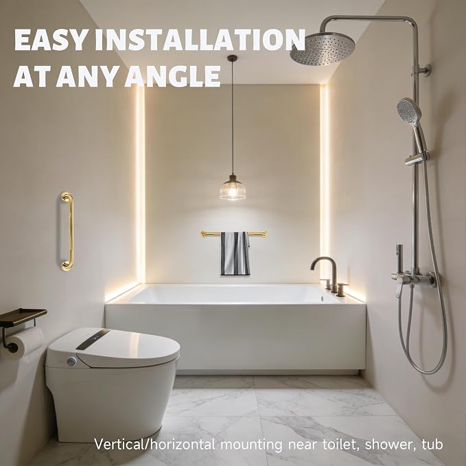 20 Inch Shower Grab Bar 1.25" Dia, Gold Anti Slip Bathroom Grab Bar, 304 Stainless Steel Knurled Handicap Grab Bars, Safety Support Handrail, Assist Bath Shower Handle for Elderly Injury Senior