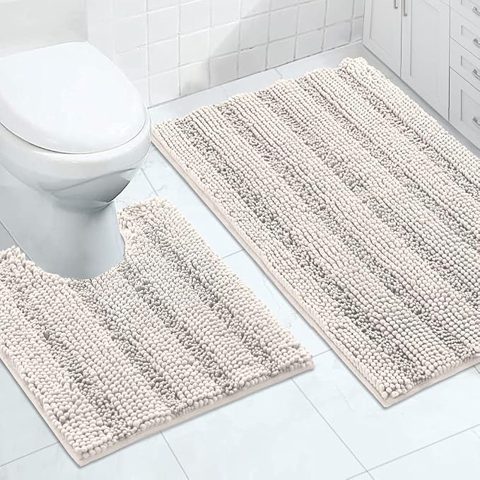 Turquoize Chenille Bathroom Rugs Set Non-Slip Bath Mats for Bathroom Super Absorbent Shaggy Rugs for Tub Shower Toilet Plush Bath Rug Plus U Contour Rug (Oversized: 24" x 36" and 20" x 24" U), Ivory