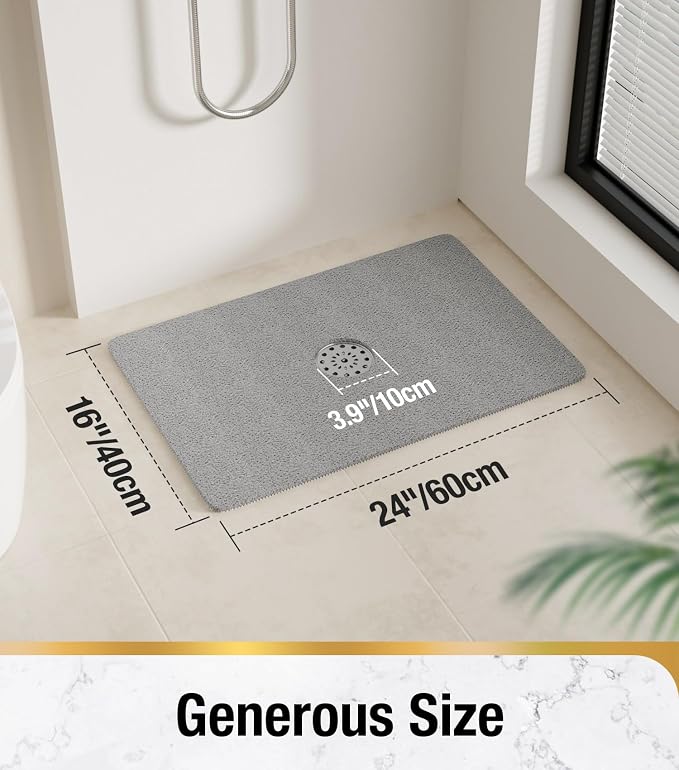 HITSLAM Shower Mat with Center Drain Hole, 24 x 16 Inch Non Slip Bath Mat for Textured Tub, Soft Loofah-Style Bathtub Mat Without Suction Cup, Quick Drying Stall Floor Mat, Bathroom Accessories, Grey