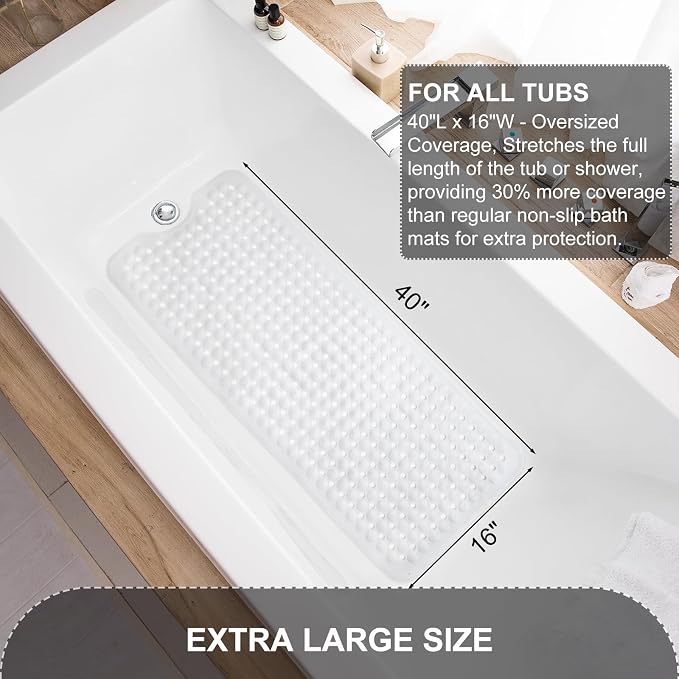 TEESHLY Bath Tub and Shower Mats, Non Slip 40 x 16 Inch Extra Large Bathtub Mat, Machine Washable Bathmat with Drain Holes, Suction Cups for Bathroom Floor, White