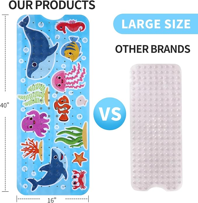 Baby Bath Mat for Tub Non Slip Kids Bathtub Mat Extra Long 40X16 Inch Toddler Bath Tub Shower Mat Anti Slip with Suction Cups & Drain Holes, Machine Washable (Whale Shark)