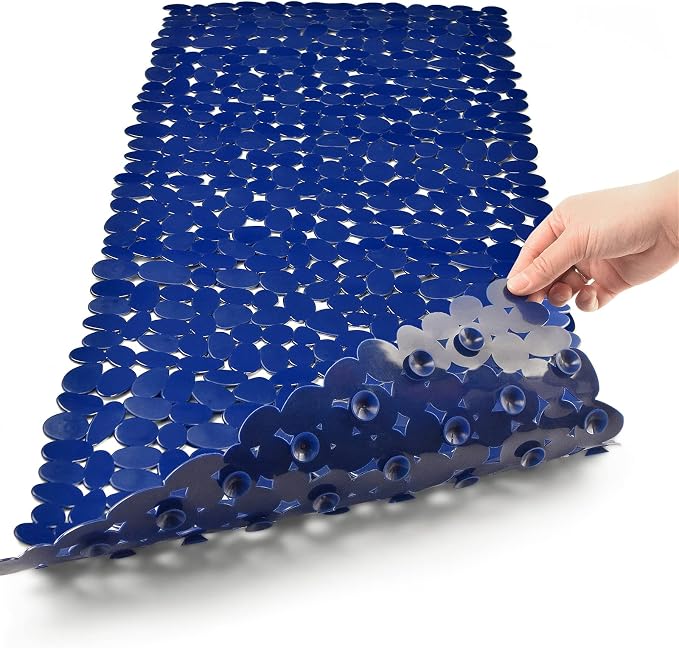 SONGZIMING Bathtub Mat Non Slip Pebble Bath Shower Mat with Drain Holes, Suction Cups Mat for Tub 16" W x 35" L, Navy Blue