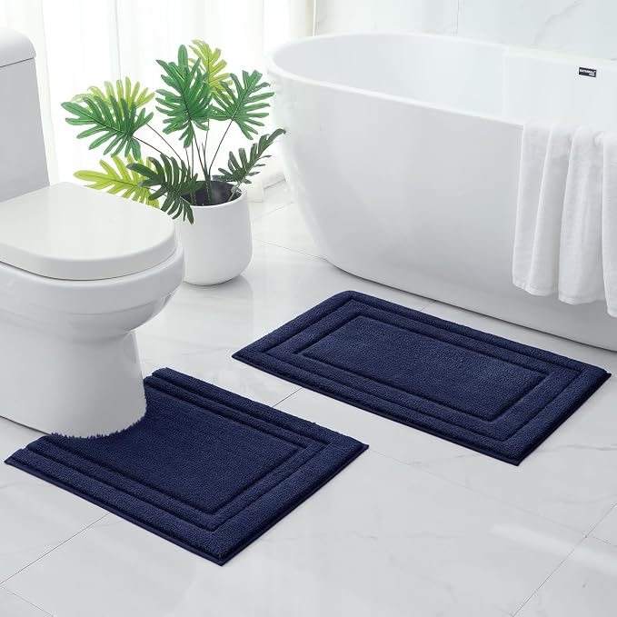 HOMEIDEAS Bathroom Rugs Sets 2 Piece, Super Soft and Absorbent Non Slip Microfiber U-Shaped Toilet Bath Mat Set (20"x32"+U20 x24, Navy Blue)
