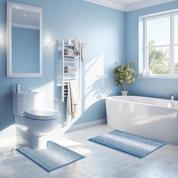 Bathroom Rugs Sets 2 Piece, Toilet Rugs U-Shaped, Contour Bath Mat Set for Bathroom, Soft Absorbent Chenille Bath Carpet, Quickly Dry, Washable (Blue, 32" x 20" + 24" x 20")
