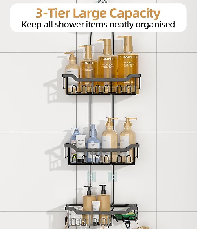 Adjustable Shower Caddy Hanging, Extended Length Organizer Over Shower Head, 3 Tier Long Neck Shower Rack with Soap Holder for Large Storage, Black