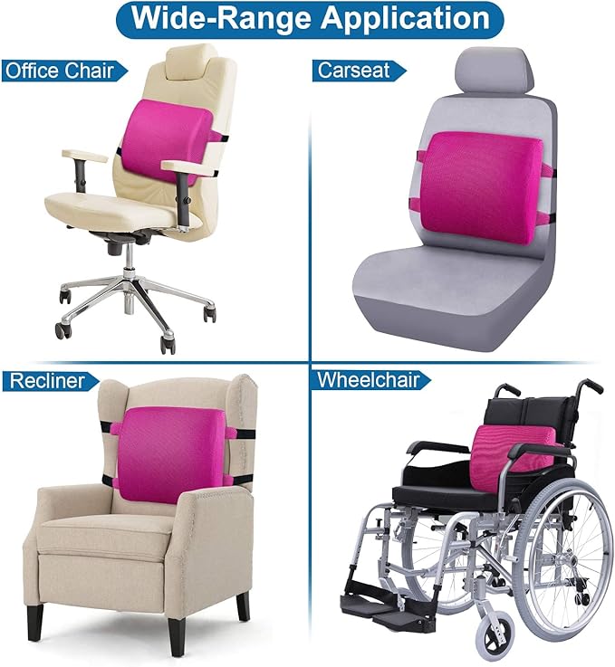 Lumbar Pillow for Chair and Car, Back Support for Office, Memory Foam Cushion with Mesh Cover - Pink