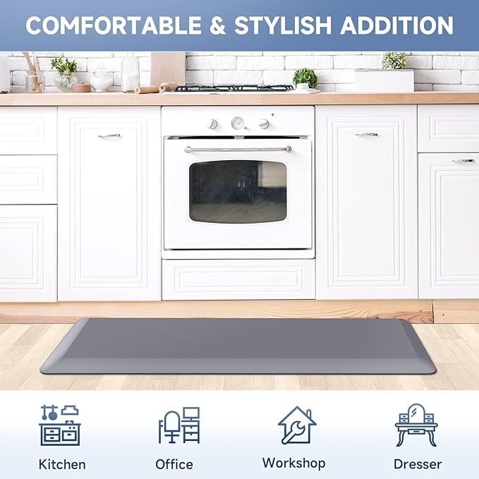 StepRite 4/5 Inch Thick Kitchen Mat Anti Fatigue Mat Kitchen Rugs Kitchen Decor Non-Slip, Stain & Water Resistant, Kitchen Mats Desk Mat for Kitchen, Office, Workshop, Grey, 17'' x 47''