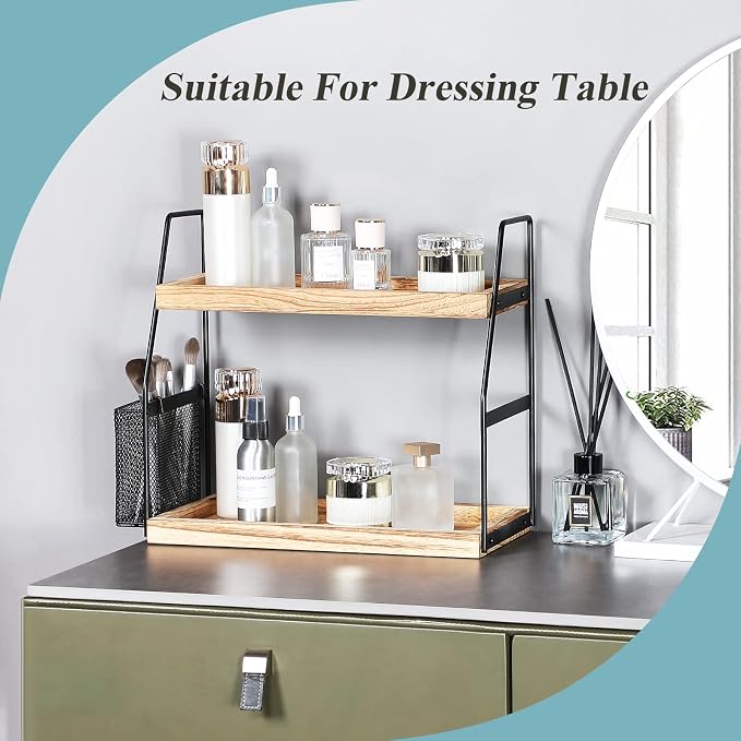 Bathroom Counter Organizer, 2-Tier Standing Storage Shelf with Basket, Wood Tray for Skincare Vanity Organizer