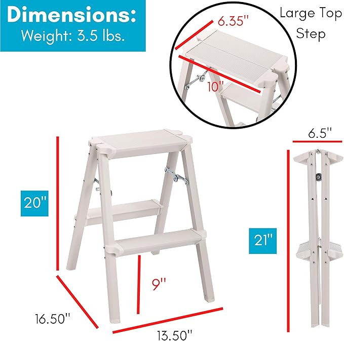 BIRDROCK HOME 2 Step Compact Steel Step Ladder - Sturdy Thin Folding Stool - Anti-Slip Steps - Great for Your Kitchen, Pantry, Closets, or Home Office - Indoor Stool - Silver