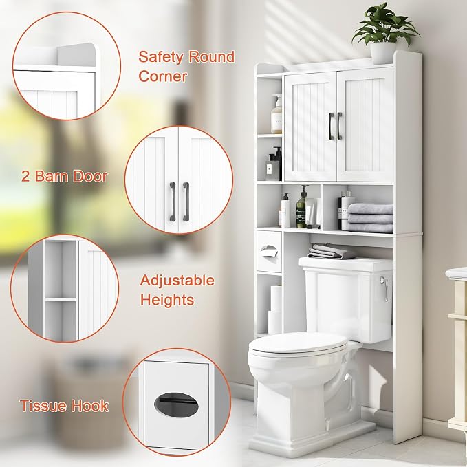 Vabches Over The Toilet Storage Cabinet, Farmhouse Storage Cabinet Over Toilet with Barn Door，Home Space-Saving Toilet Rack, for Bathroom, Restroom, Laundry