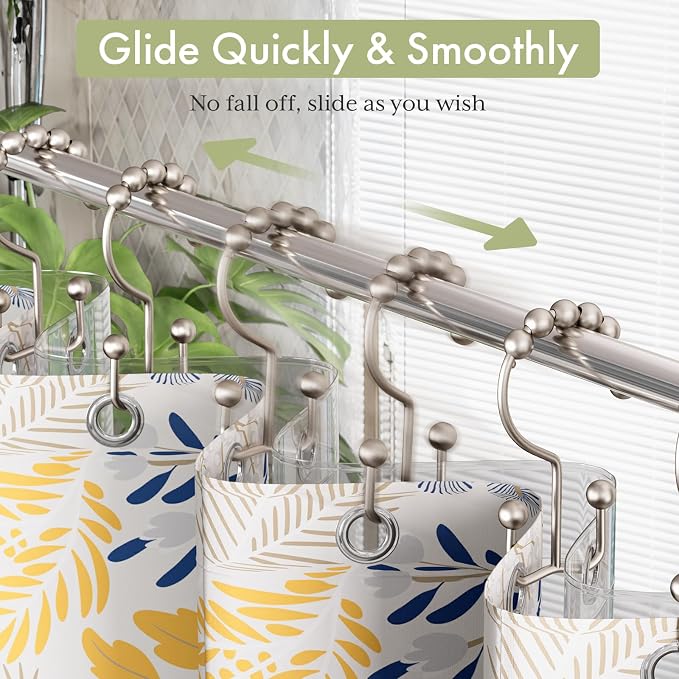 Amazer Shower Curtain Hooks Rings, Stainless Steel Shower Curtain Rings, 12Pcs Double Glide Shower Hooks for Bathroom Shower Curtain Rods Dual Rust-Resistant Shower Rings, Matte Nickel