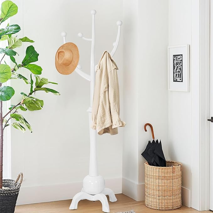 Bekrvio Coat Rack, Solid Wood Coat Racks Stand, Free Standing Coat Rack Coat Hanger with Hooks for Jaceket, Winter Coats, Entryway, Hallway, Bedroom - Load 160lbs (White)