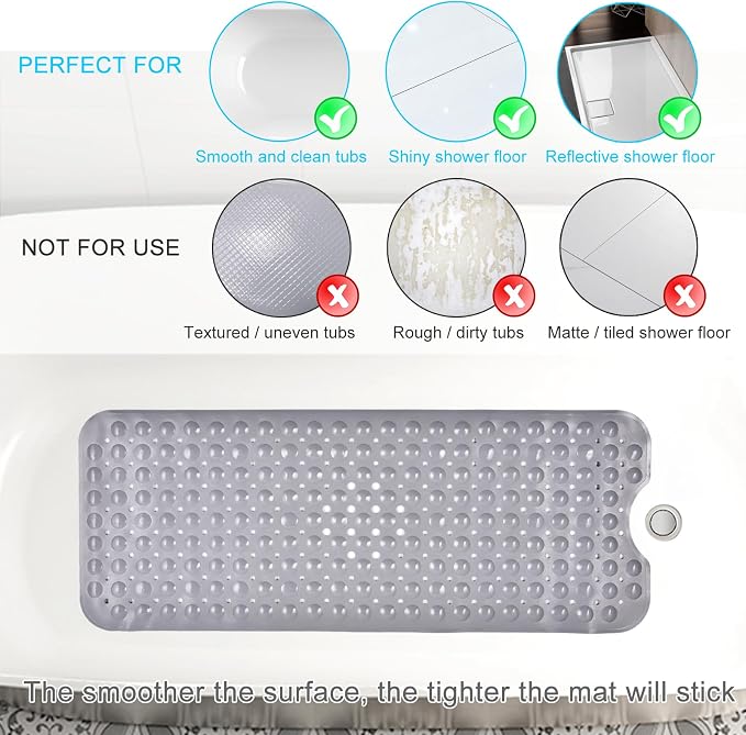 Sheepping Baby Bath Mat for Tub Non Slip Extra Long Cover Bathtub Mat with 200 Big Suction Cups for Toddler Infant Kids 40 X 16 Inch - Eco Friendly ,Machine Washable Shower Mat (Grey)