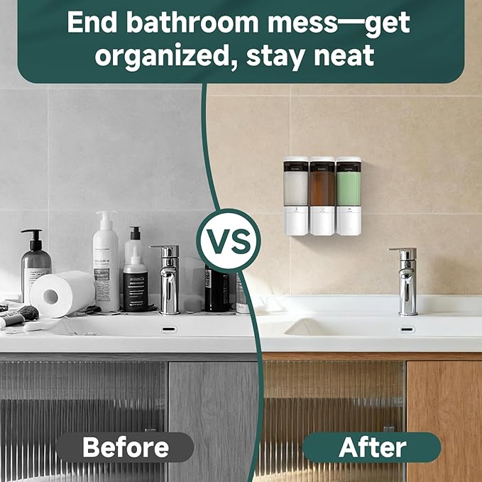 Shampoo and Conditioner Dispenser 3 Chamber 17oz No Drill Shower Soap Dispenser Wall Mounted Shampoo Conditioner Body Wash Refillable Bathroom Shower Dispenser (White+Smoke Gray 3 Chamber)