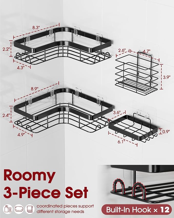 Sakugi Corner Shower Caddy - 4-Pack Shower Organizer with Soap Holder & Toothbrush Holder, Rustproof Metal Shower Shelves, Laundry, Kitchen, Bathroom Organizers and Storage Solution, Large, Black