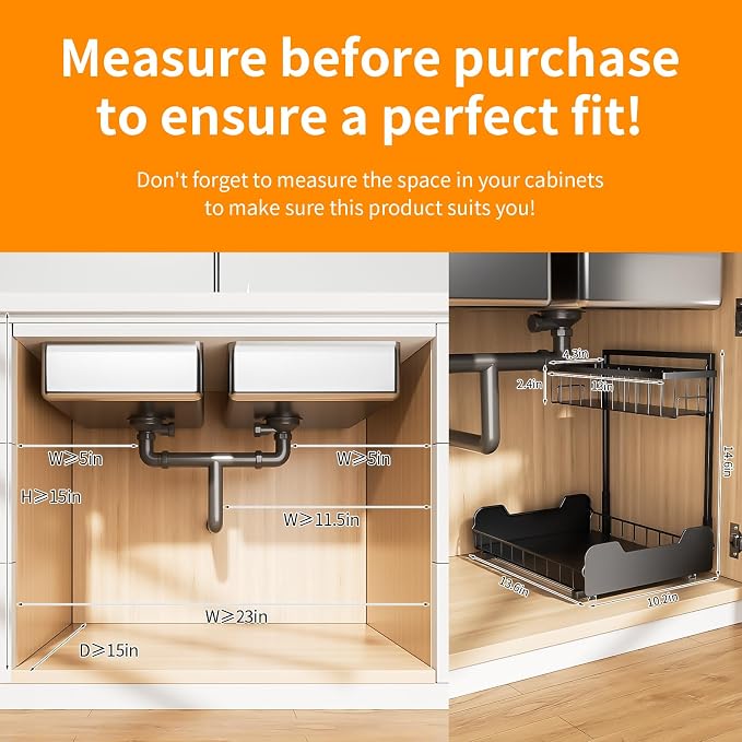 PureBox Under Sink Organizer, 2-Tier L-Shaped Pull Out Cabinet Shelf with 2 Installation Methods, Adjustable Sliding Storage Drawer for Kitchen, Bathroom, Laundry, Metal, Black