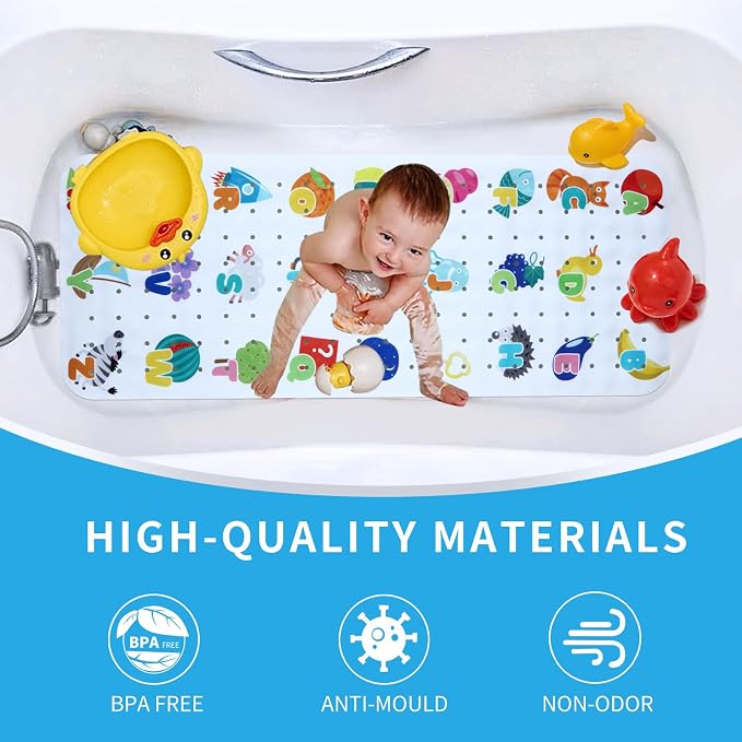 Baby Bath Mat for Tub Non Slip Kids Bathtub Mat Extra Long 40X16 Inch Toddler Bath Tub Shower Mat Anti Slip with Suction Cups & Drain Holes, Machine Washable (Alphabet)